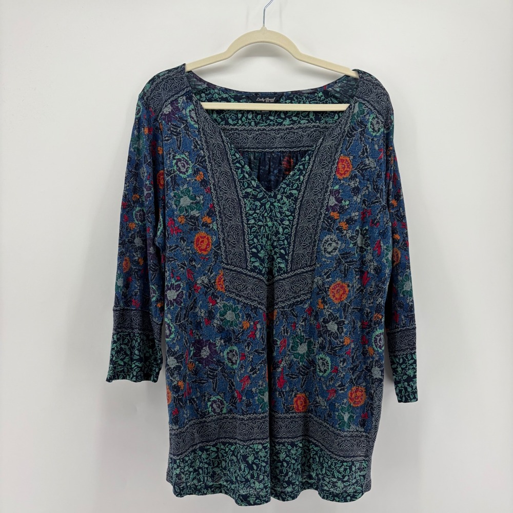 Lucky Brand Womens 1X Blue Floral Tunic Split V-Neck 3/4 Sleeve Boho Top